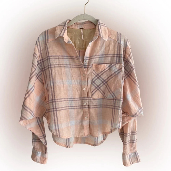 FREE People Peach purple white Cropped Boxy Fit Wide Sleeve Flannel Shirt S - Picture 2 of 11